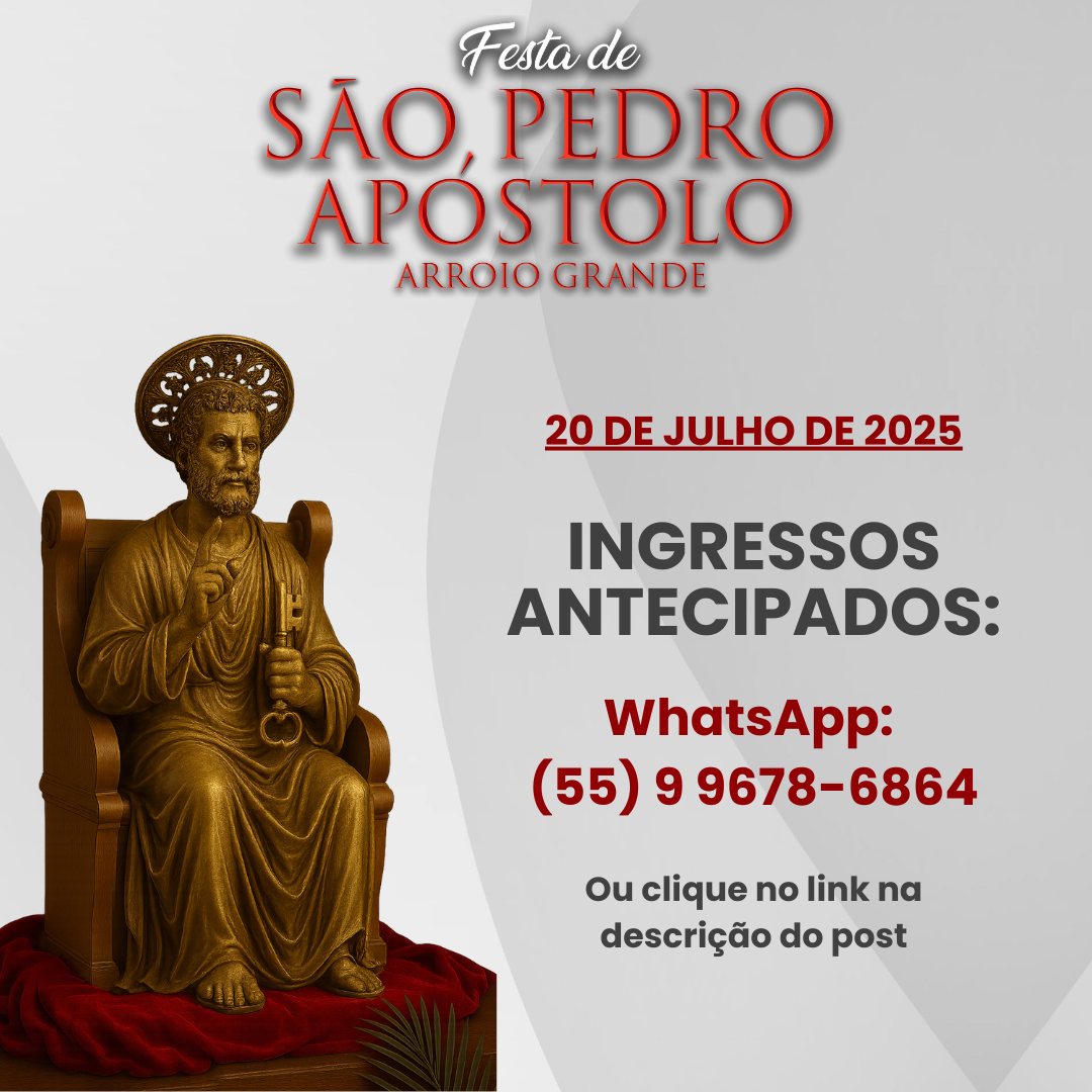 🎉 FESTA DE SÃO PEDRO APÓSTOLO 2025 🎉
Garanta seus ingressos para o almoço reservando antecipadamente! Clique nos links abaixo para reservar ou conferir a programação completa!
RESERVAS E PROGRAMAÇÃO: Acesse nosso site na bio ou chame o WhatsApp 55 9 9678-6864