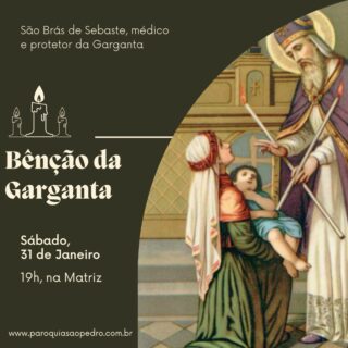 No próximo sábado dia 31/01 às 19h, teremos a Santa Missa com a Bênção da Garganta. Essa bênção especial nos recorda o cuidado de Deus com nossa saúde e nossa voz. Celebramos também São Brás, bispo e mártir, conhecido por sua intercessão. A tradição nos lembra que São Brás protege contra doenças da garganta. É um gesto simples, mas carregado de fé e confiança no Senhor. Participar é fortalecer a espiritualidade e pedir proteção para o dia a dia. A bênção alcança crianças, adultos e idosos. Convidamos todos os grupos da comunidade a estarem presentes. Vamos juntos rezar e agradecer por mais essa graça. 🙏✨